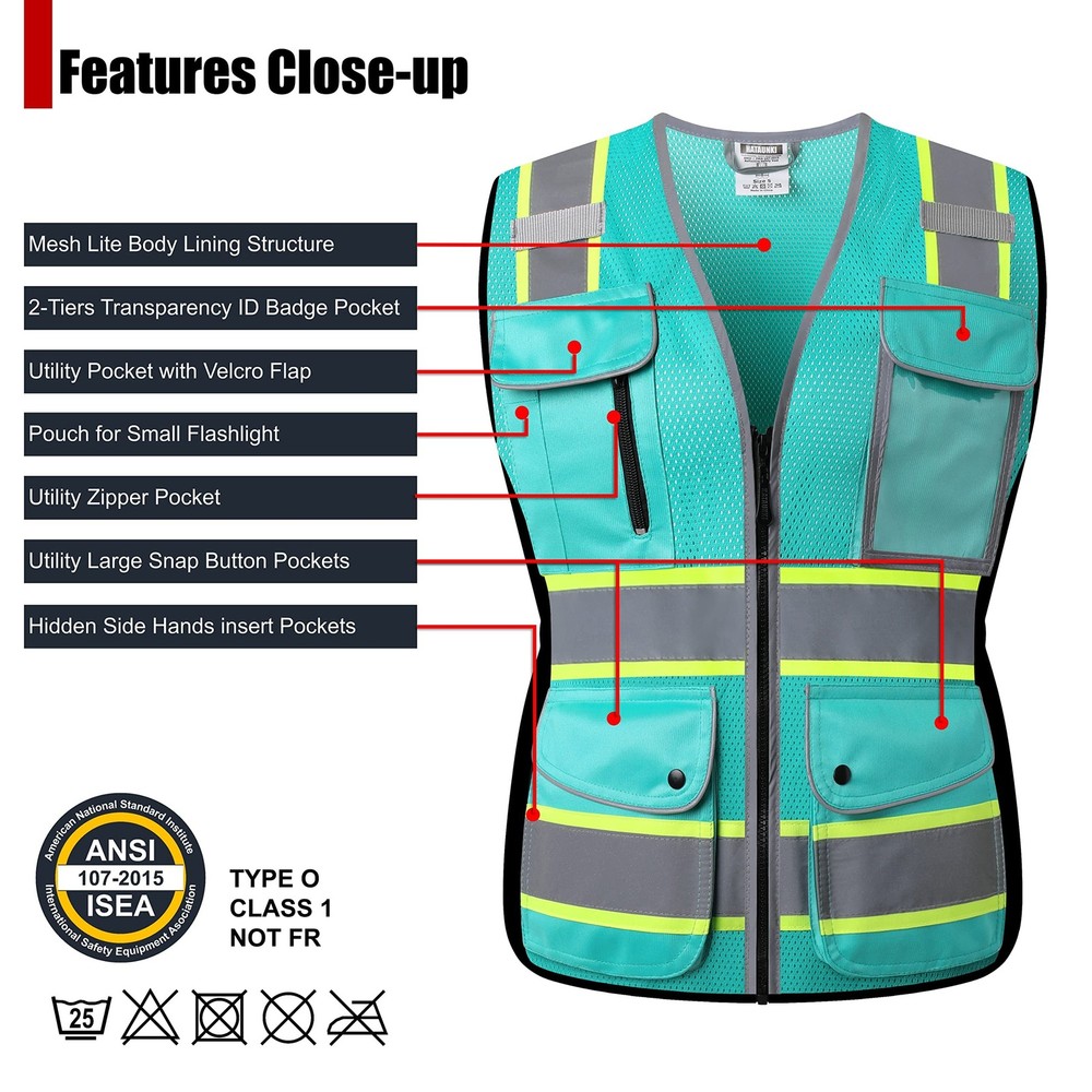 High Visibility Reflection Peacock Mesh Safety Vests with 9 Pockets and Front...