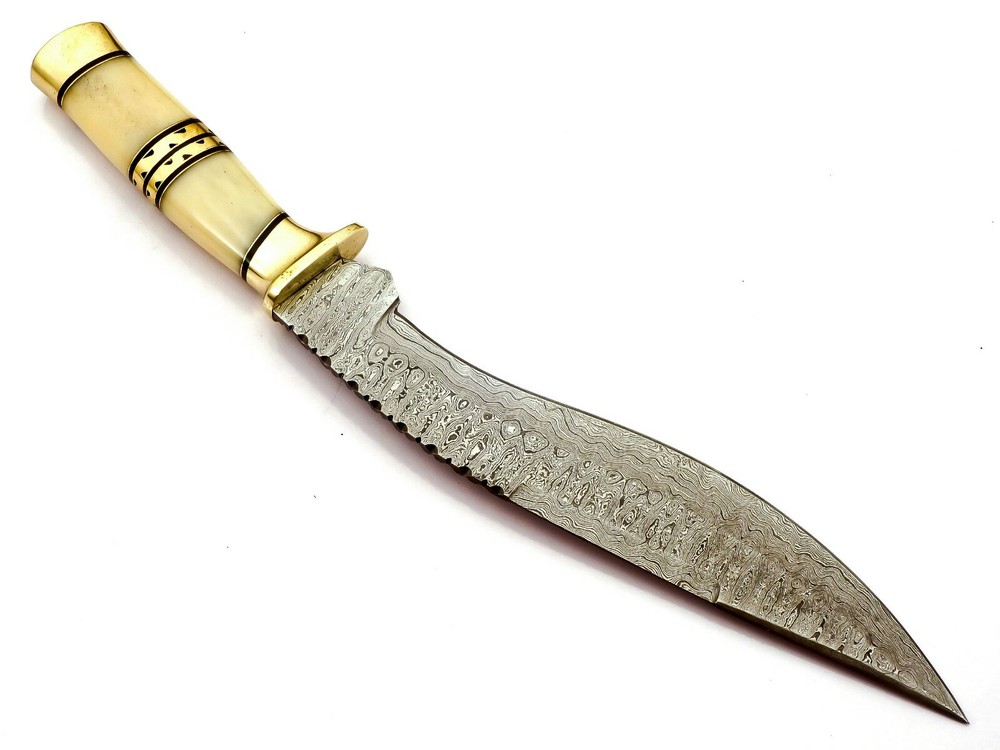 Damascus Kukri Knife Exotic Camel Bone and Brass Handle Ladder Pattern Sharp 17
