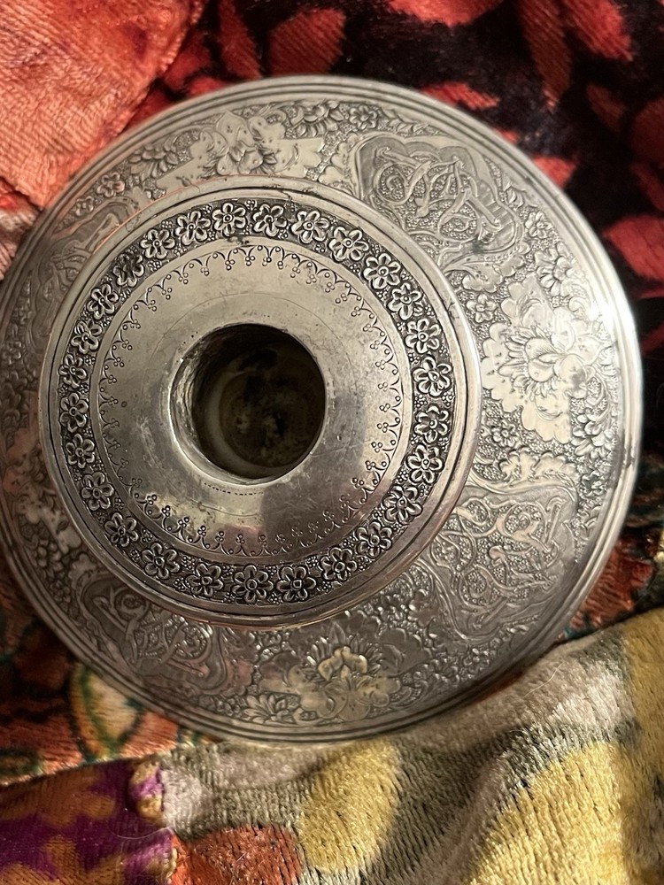 Silver antique Persian Candle Holder Floral Script solid  silver  4 oz 39 gm