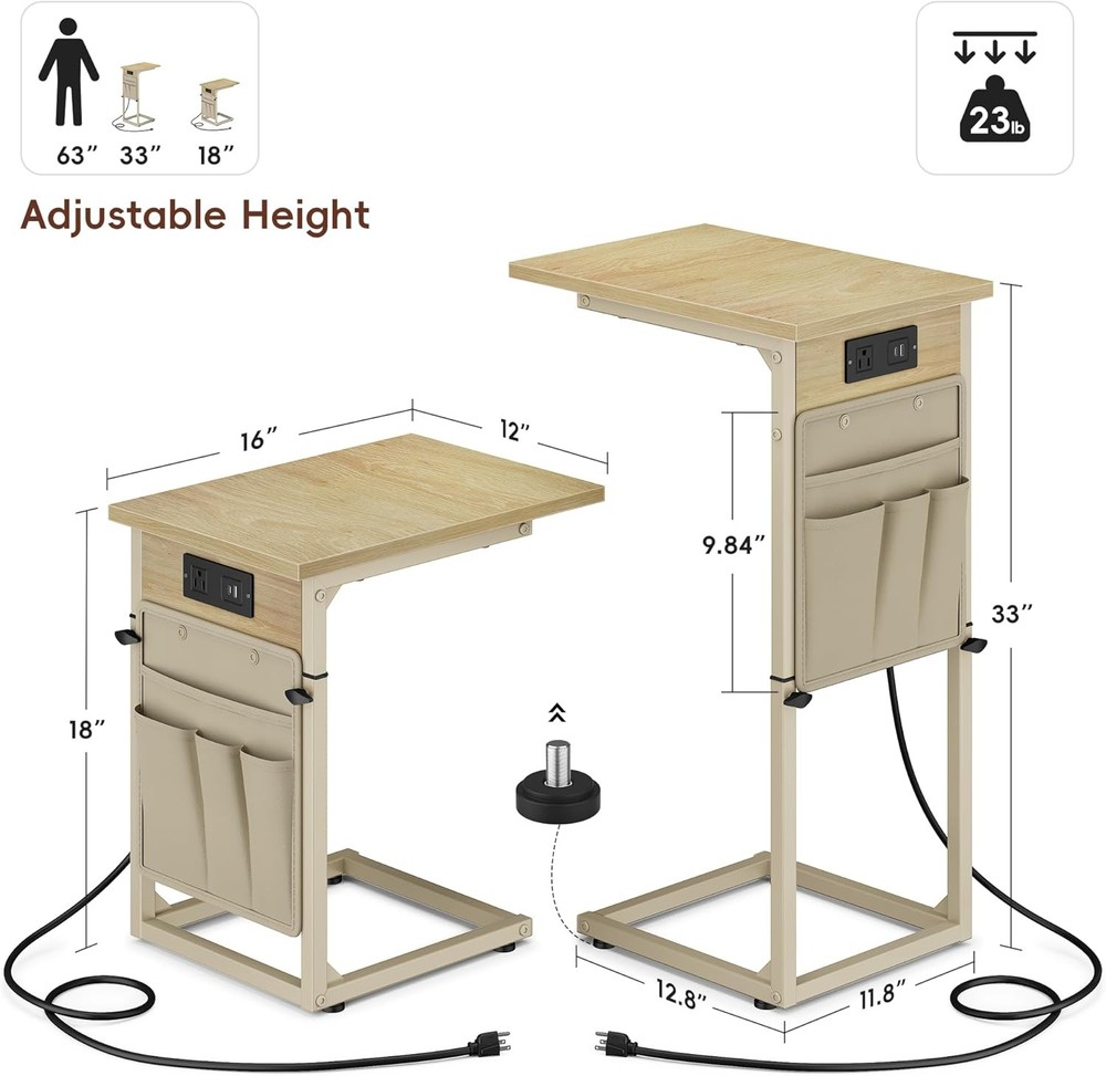C Shaped End Table W/ Charging Station Adjustable Height C Table End Table Small