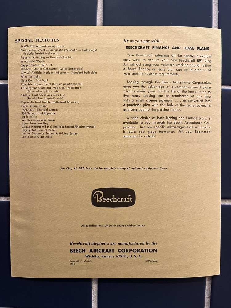 Beechcraft King Air B90 OCT.1968 Specifications & Performance Pamphlet Brochure