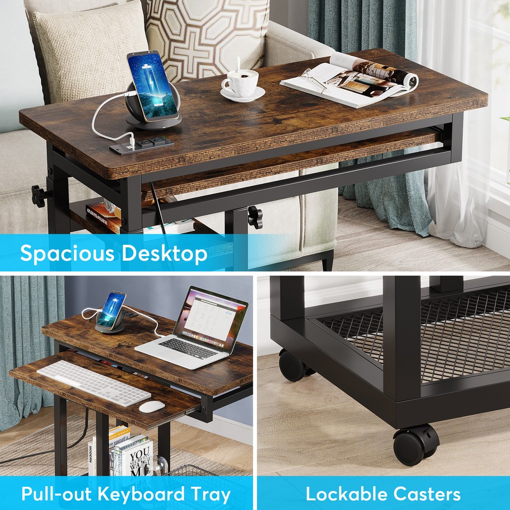 Small Portable Desk with Power Outlet, Height Adjustable Bedside Laptop Table