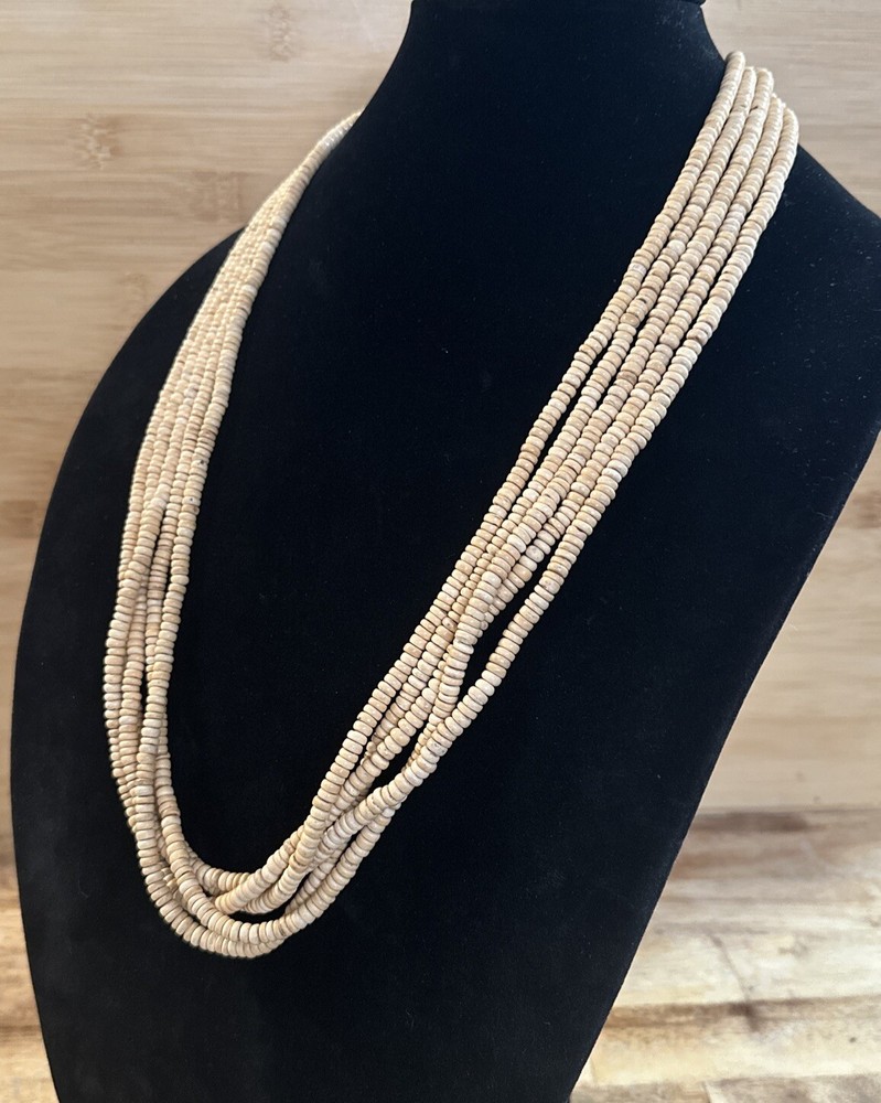 Vintage Natural Wood Five Strand Beaded Necklace 30” Hook Closure