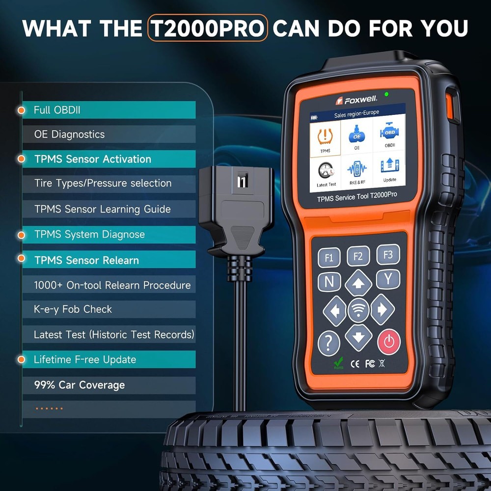 FOXWELL T2000 Pro Tire Pressure TPMS Relearn Activate Sensors Programming Tool