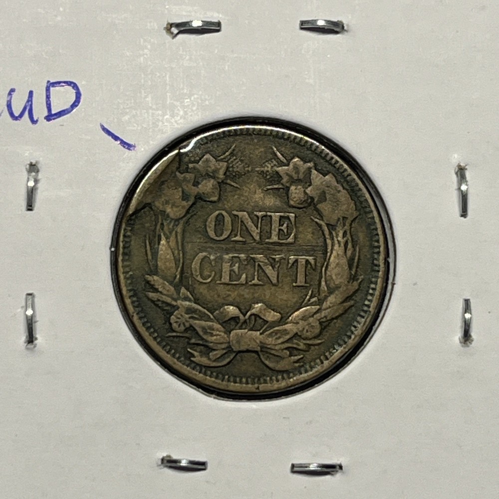 1858 Flying Eagle Cent Copper Coin VF CUD error On Reverse