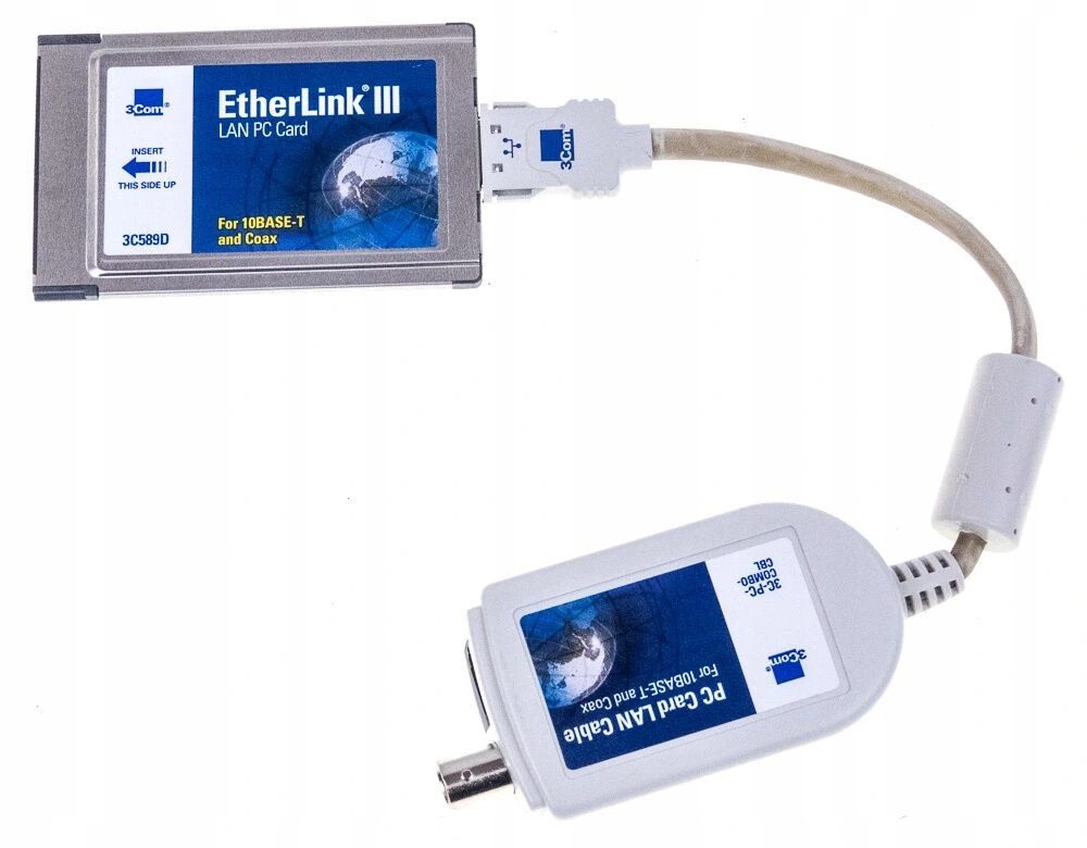 3Com EtherLink III PCMCIA Ethernet LAN PC Card 3C589D + Dongle Cable