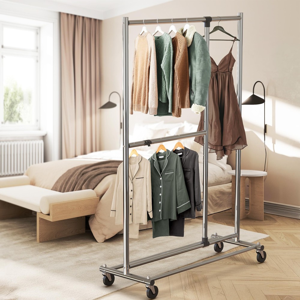 Dual Bar Adjustable Garment Rack, Chrome, 72-inch Height