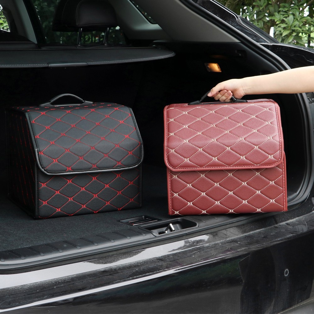 Red Diamond Pattern Car Trunk Organizer Box Storage Collapsible Foldable
