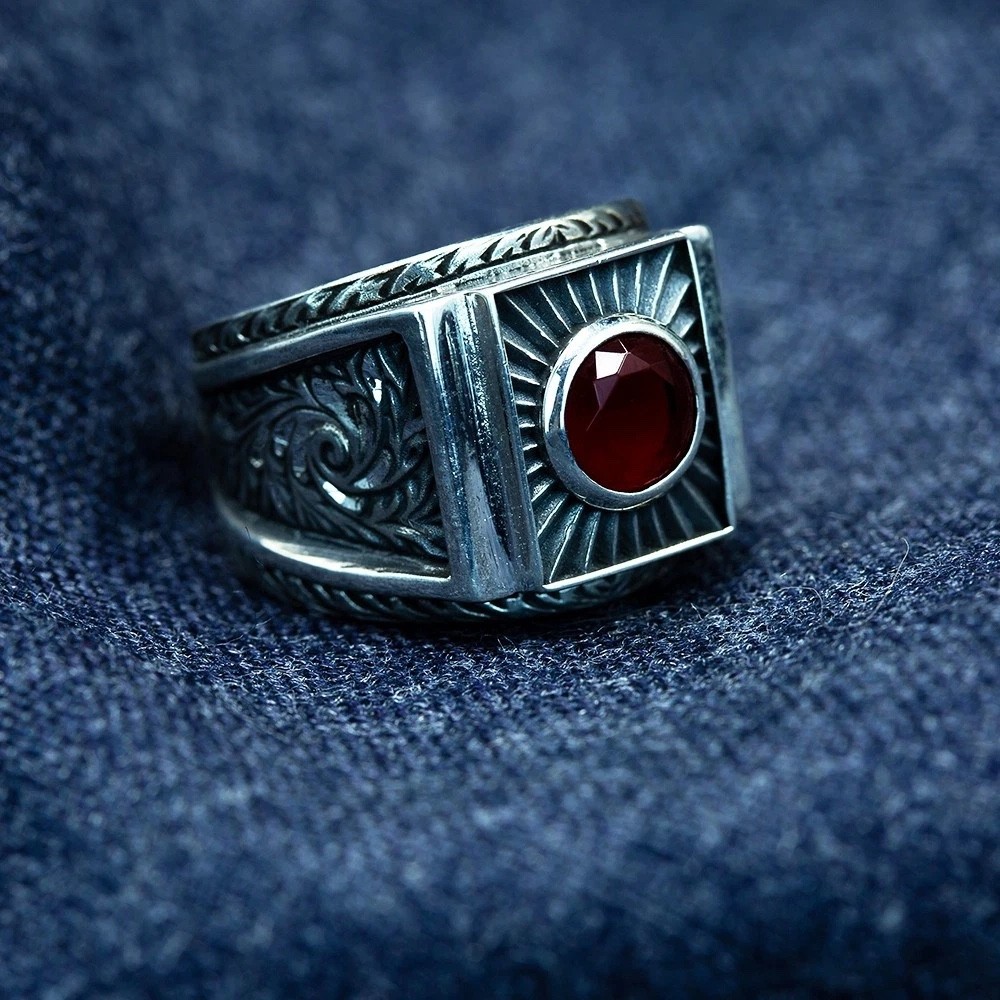 925 Men's Red Ruby Gemstone Handmade Engraved Sterling Silver Ring