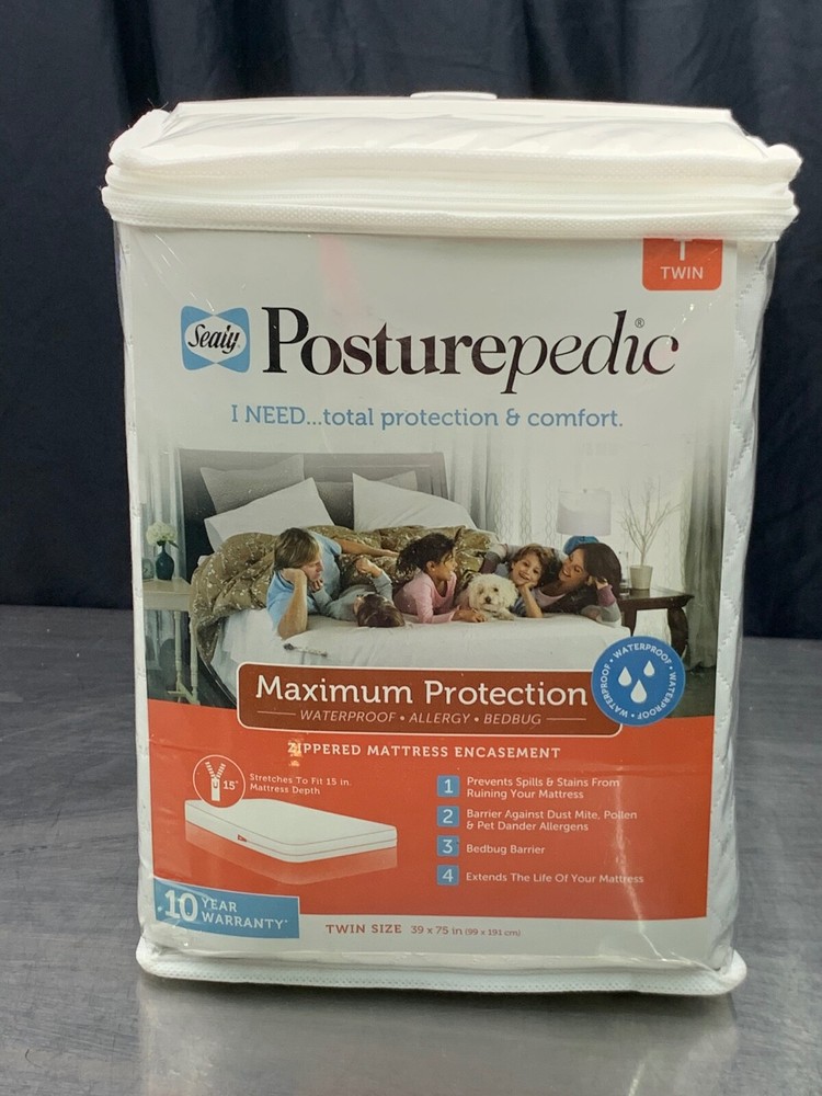 SEALY POSTUREPEDIC MAXIMUM PROTECTION ZIPPERED MATTRESS PROTECTOR, WHITE, TWIN