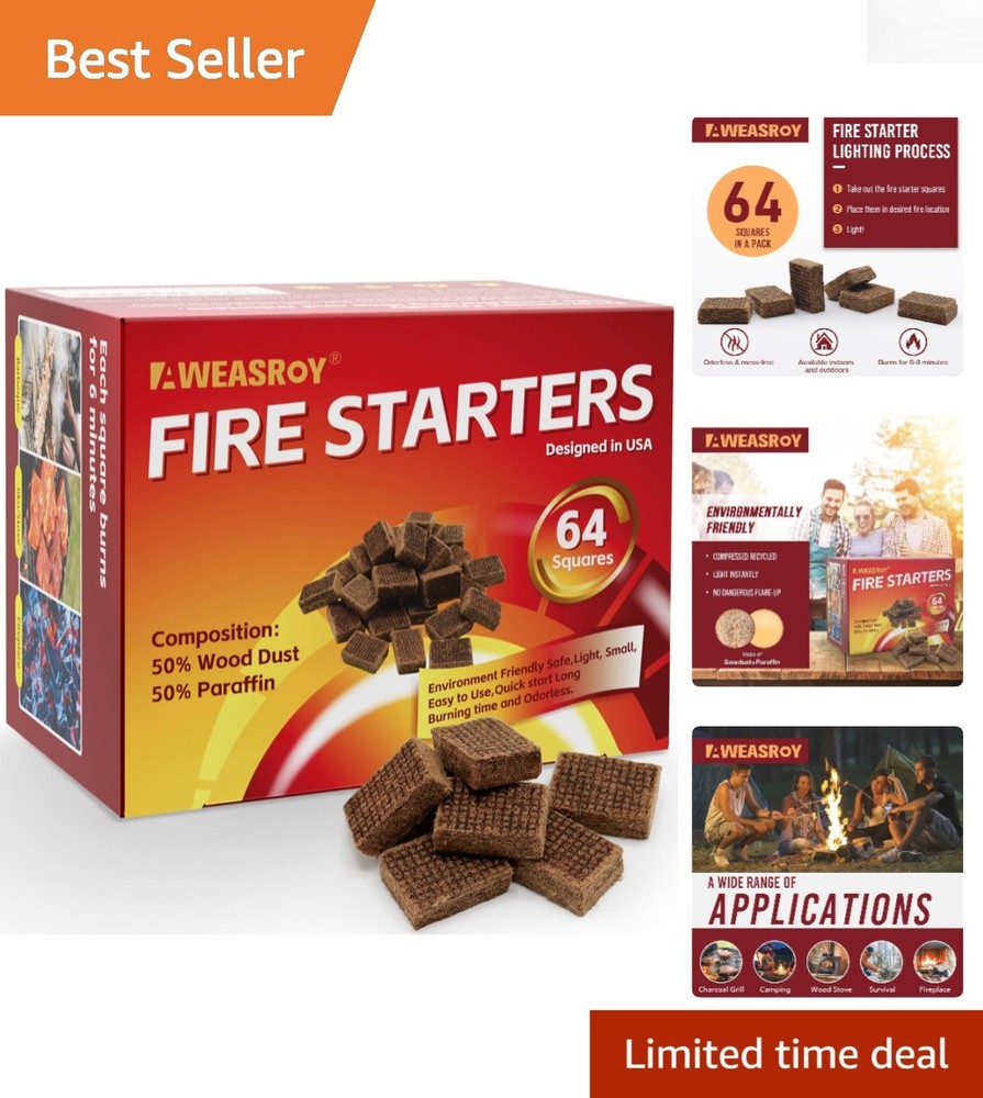Portable 64-Pack Fire Starter Squares - Quick, Odorless Fire for BBQ & Camping