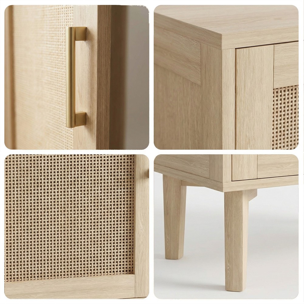 ↑Buffet Cabinet With Rattan Decor Doors Solid Wood Feet Multifunctional