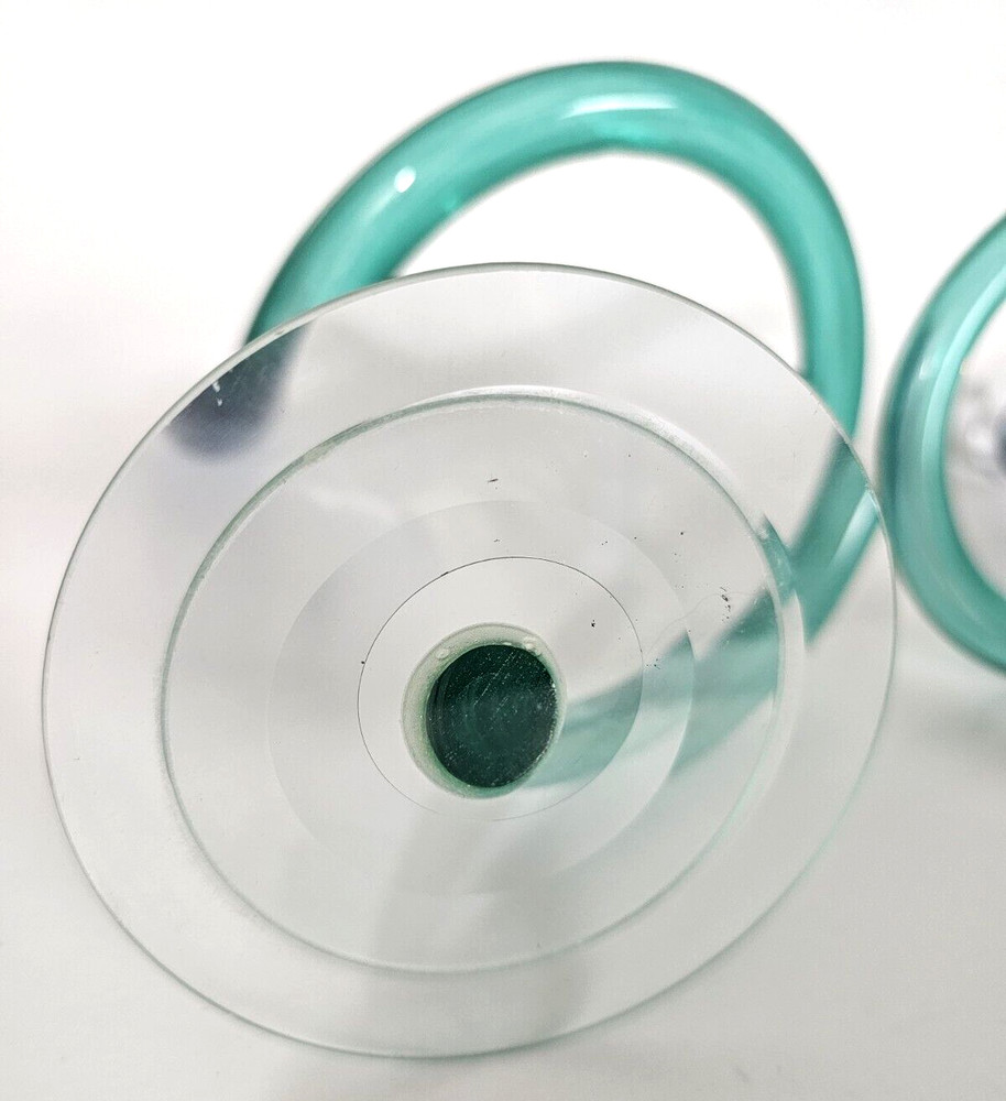 2-Michael Hudson Hand Blown Art Glass Twisted Candlesticks 11" Aqua Interlocking