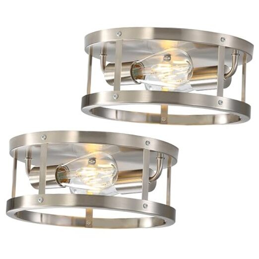 2-Light Industrial Flush Mount Ceiling Light Fixture,Brushed 2 Pack Silver