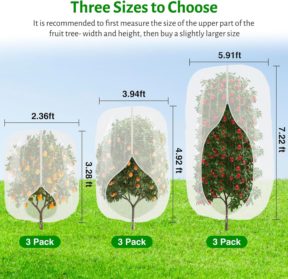 3 Pack Fruit Tree Netting 2.62x3.28Ft with Zipper & Drawstring for Garden Use