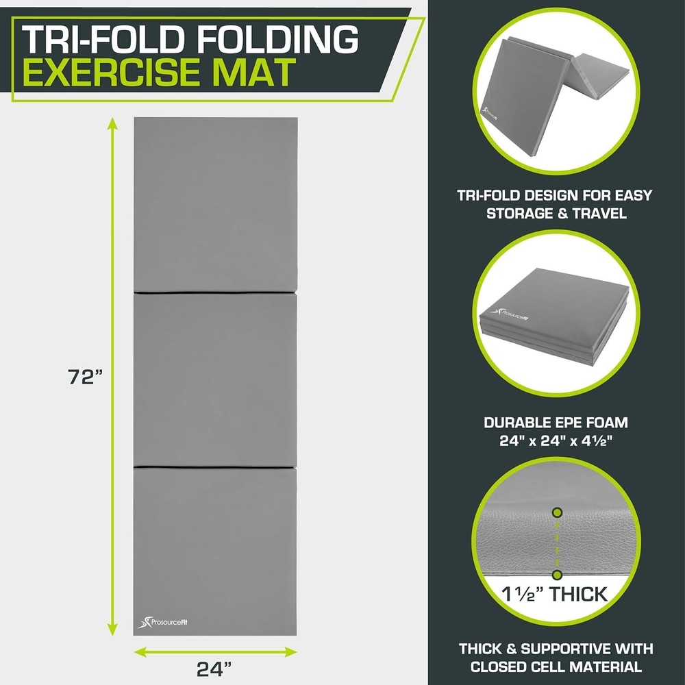 ProSource Grey Tri-Fold Exercise Mat - 72”x24” with Carrying Handles for Gym Use