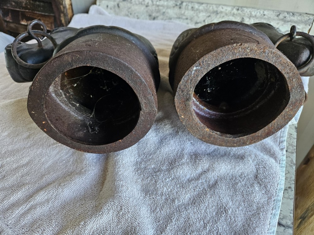 Circa 1900 : Two Double Ring Horse Head Adirons or Hitching Post Toppers