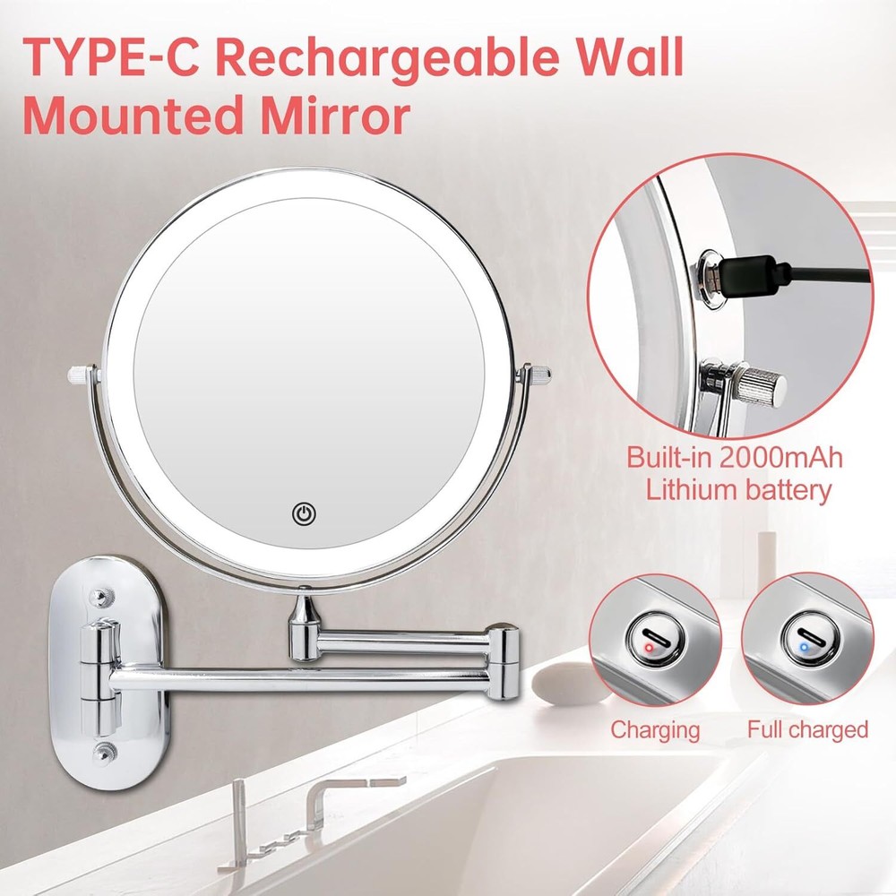 Rechargeable wall mounted illuminated vanity mirror 8 inch double sided