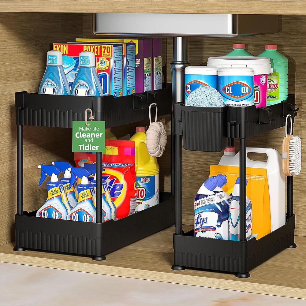2 Pack Under Sink Organizer – Bathroom & Kitchen Cabinet Storage Rack with Hooks