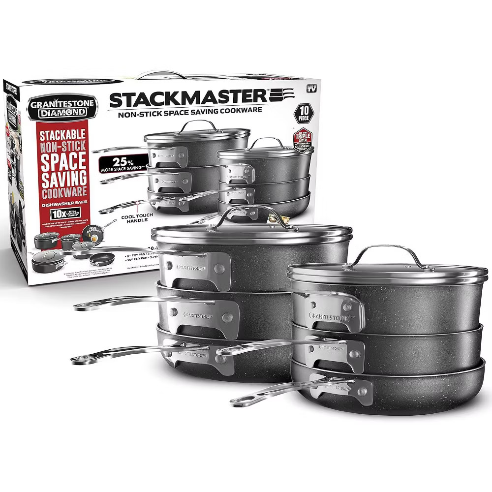 Granitestone Pots and Pans Set 10 Pc Stackable Space Saving Nonstick Cookware