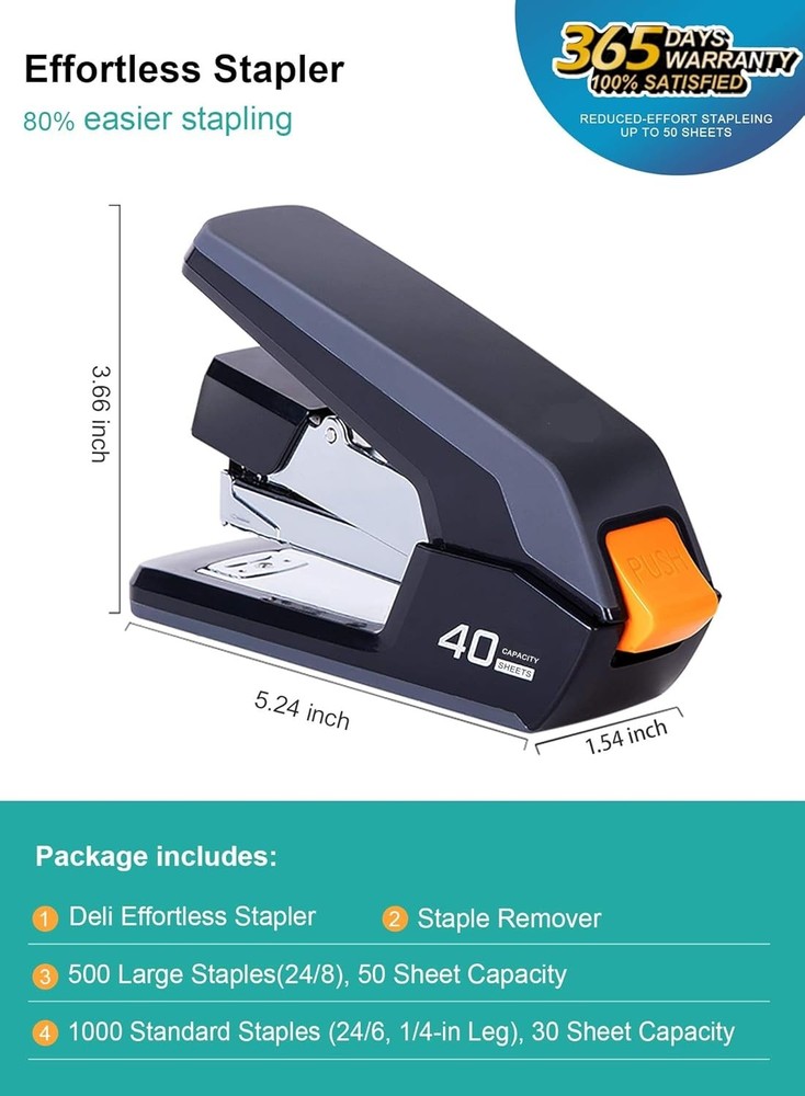 Leven Effortless Desktop Stapler, 40 Sheet Capacity, One Finger Touch Stapling,