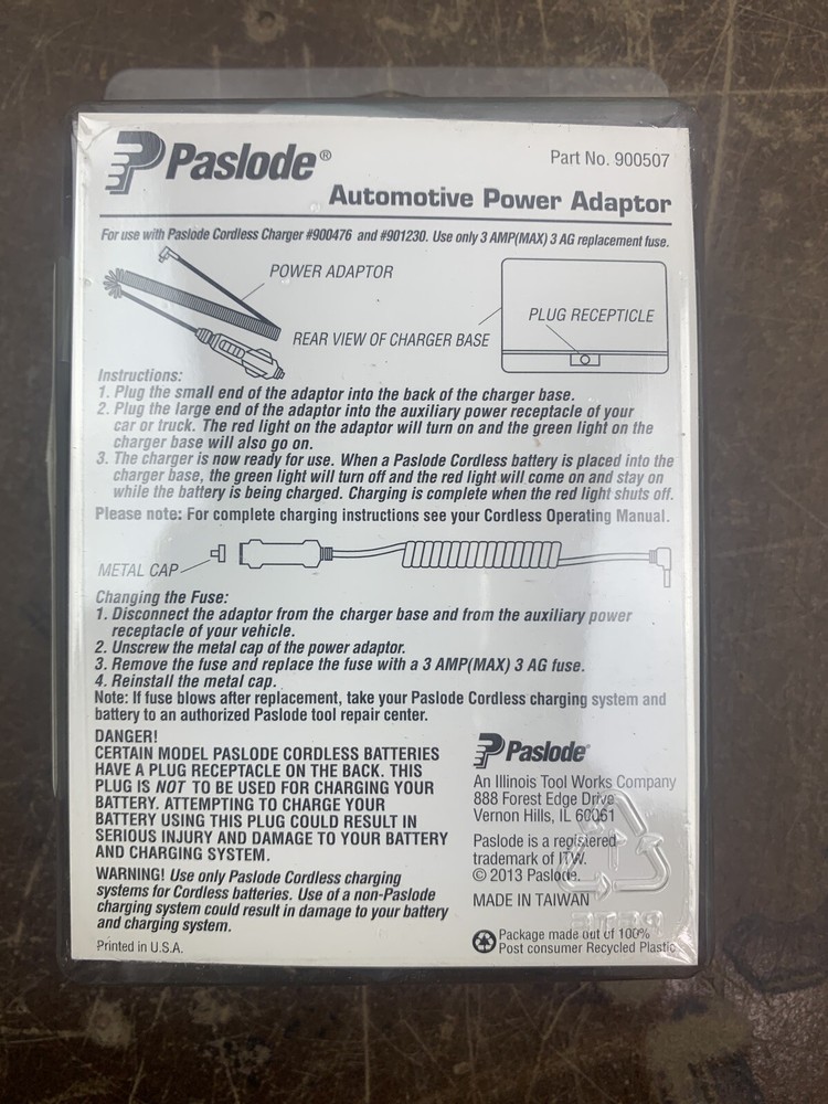 Paslode 900507 Impulse Car Charger Adapter GENUINE PASLODE VK