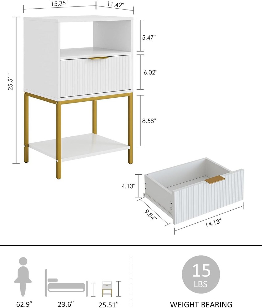 Nightstand Modern Bedside Table W/ Gold Frame 25.51''H End Table,White Night