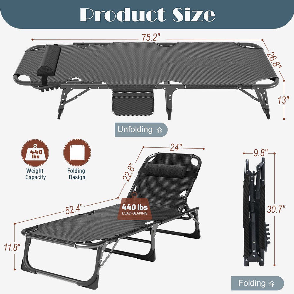 Rollaway Folding Guest Bed Rolling Cot Folding Chaise with Pillow Camping Bed