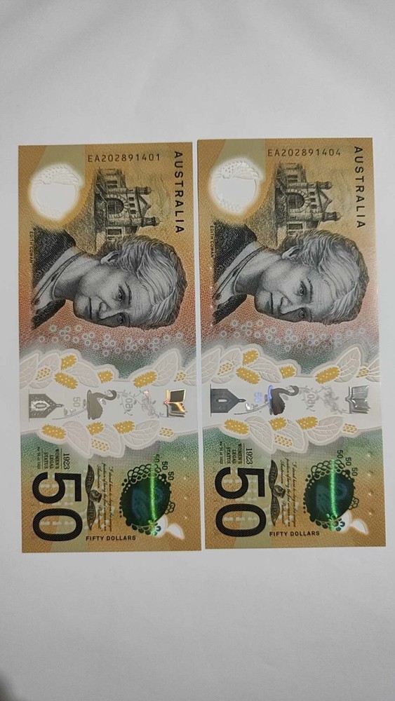 2 Uncirculated Australia 2020 $50 Banknotes Last Prefix