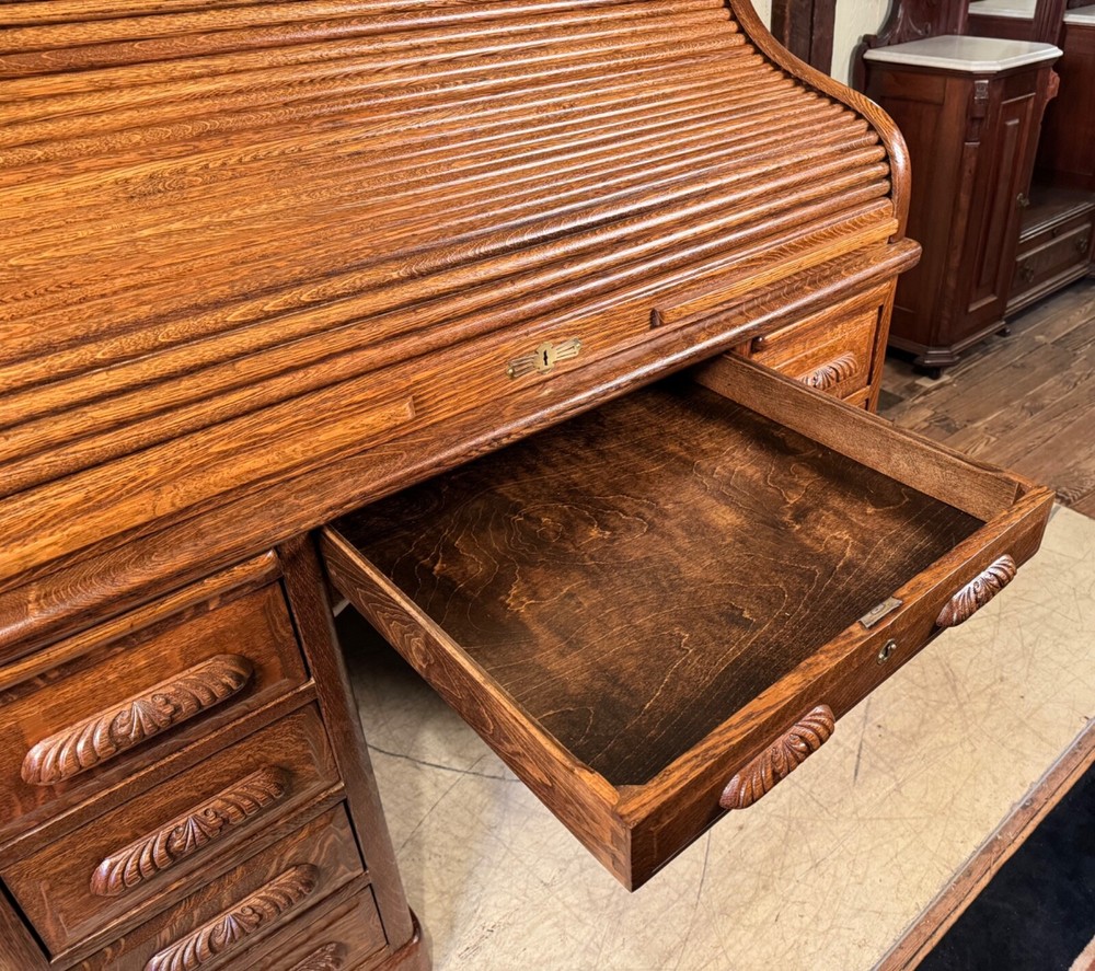 Antique Oak 50" Raised Panel S-Roll Top Desk with Carved Pulls