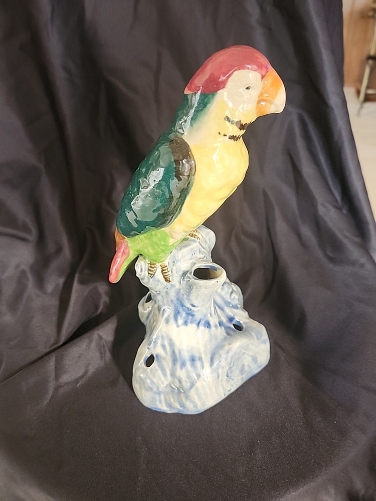 Ceramic Parrot, Flower Frog on a tree stump