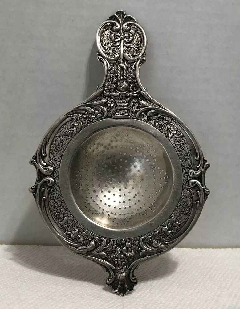 Ornate German 800 Silver Tea Strainer Floral Design With Hand Workmanship