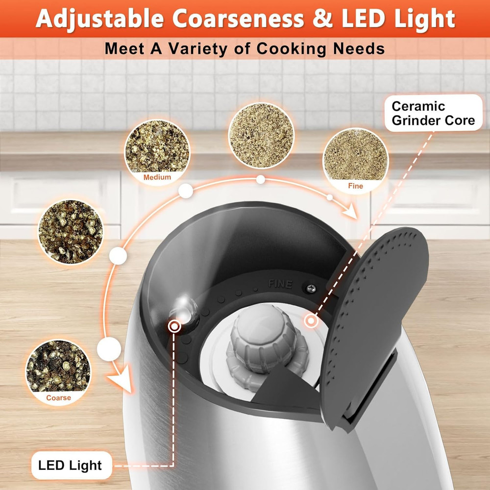 USB Rechargeable Electric Salt & Pepper Grinder Set w LED, Adjustable Coarse