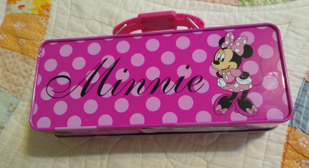 Disney Minnie Mouse Tin Tool Box with Handle Latch/Hinge NEW Pencil Box Storage