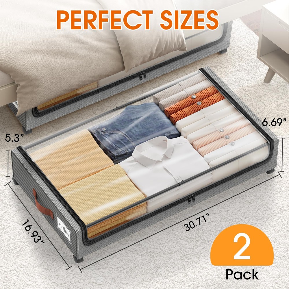 Under Bed Storage with Wheels 2Pack Underbed Storage with Clear Window&Label ...