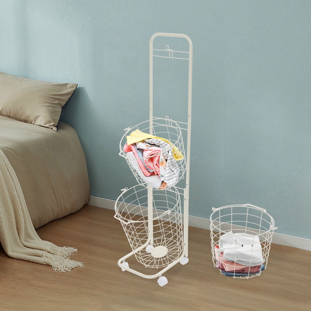 Free Standing 3 Tier Rolling Laundry Hamper with 3 Removable White Wire Basket