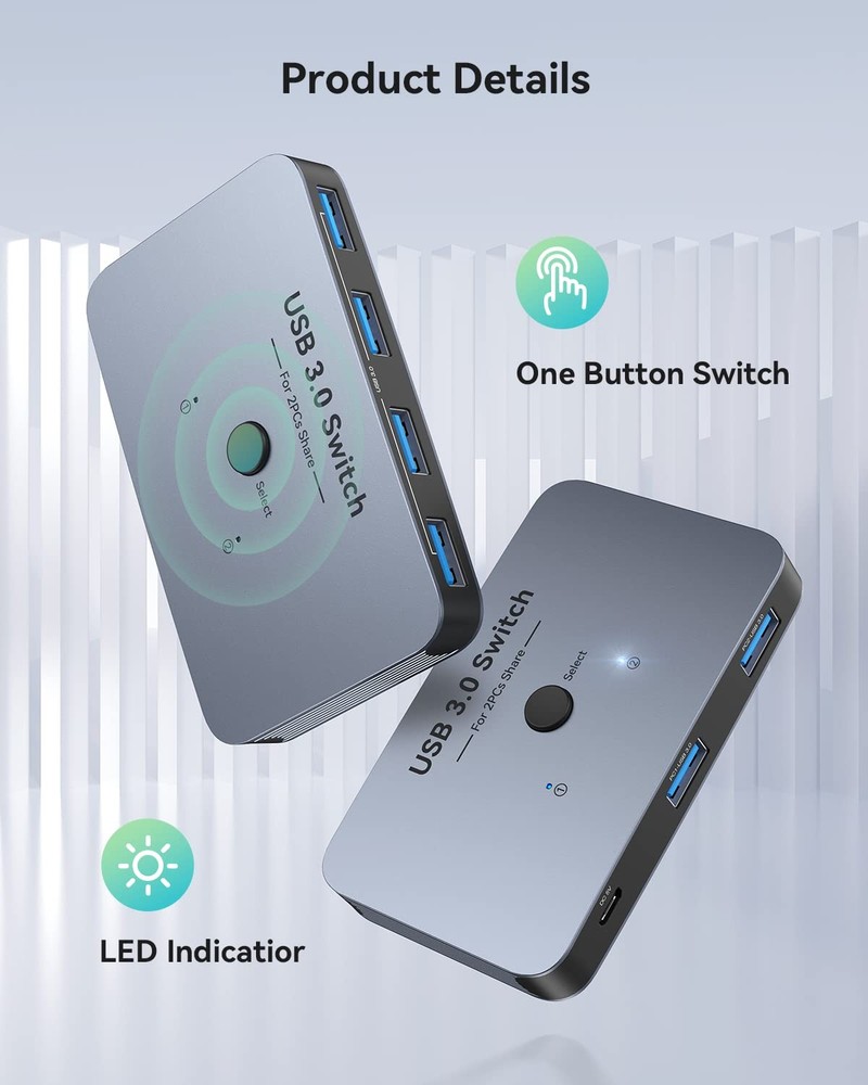 Aluminum USB 3.0 Switch, 2 Computers Share 4 Devices, 2-Pack USB 3.0 Cables