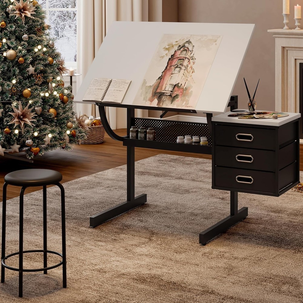 Adjustable Drafting Table with Stool & Storage Art Desk for Drawing Crafting
