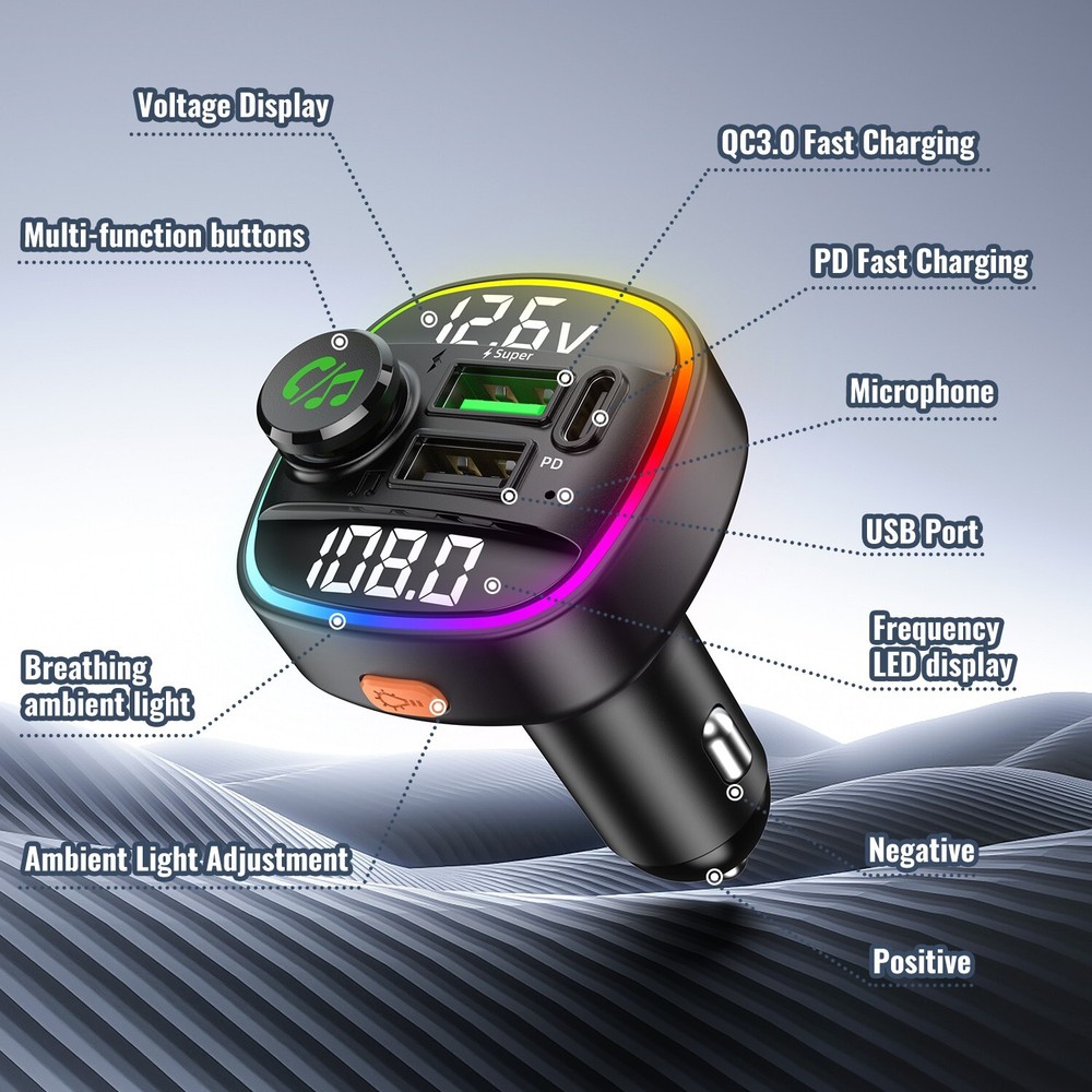 USB PD Charger w/ AUX&Hands-Free Function FastCharge Car Wireless FM Transmitter