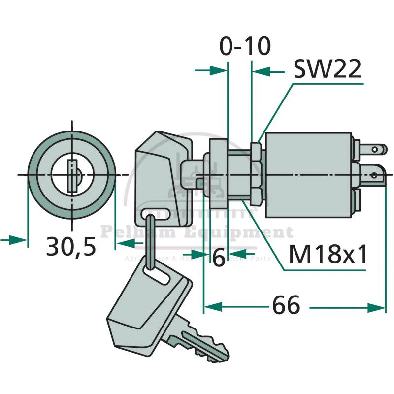Ignition Start Switch 12/24V 5 Blade Terminals 2 Keys 18.5mm Mounting
