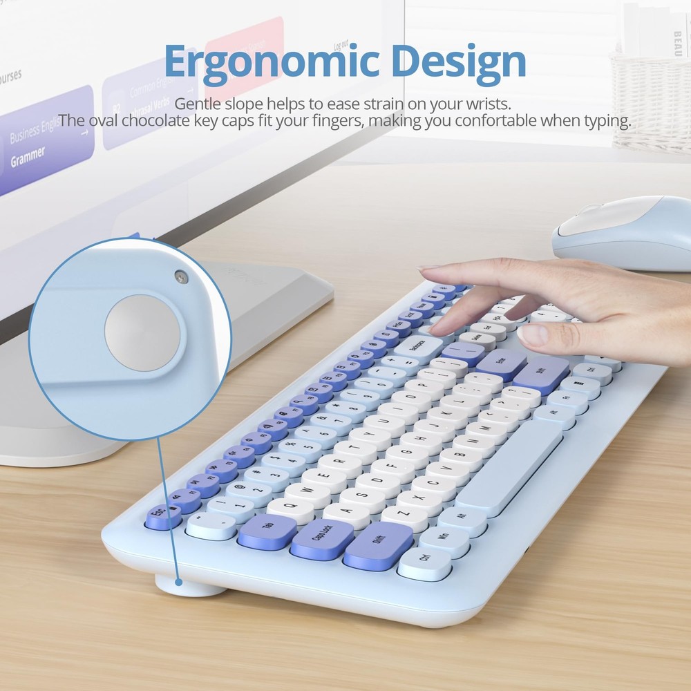 Gradient Blue Wireless Keyboard and Mouse Combo Retro Typewriter Full Size