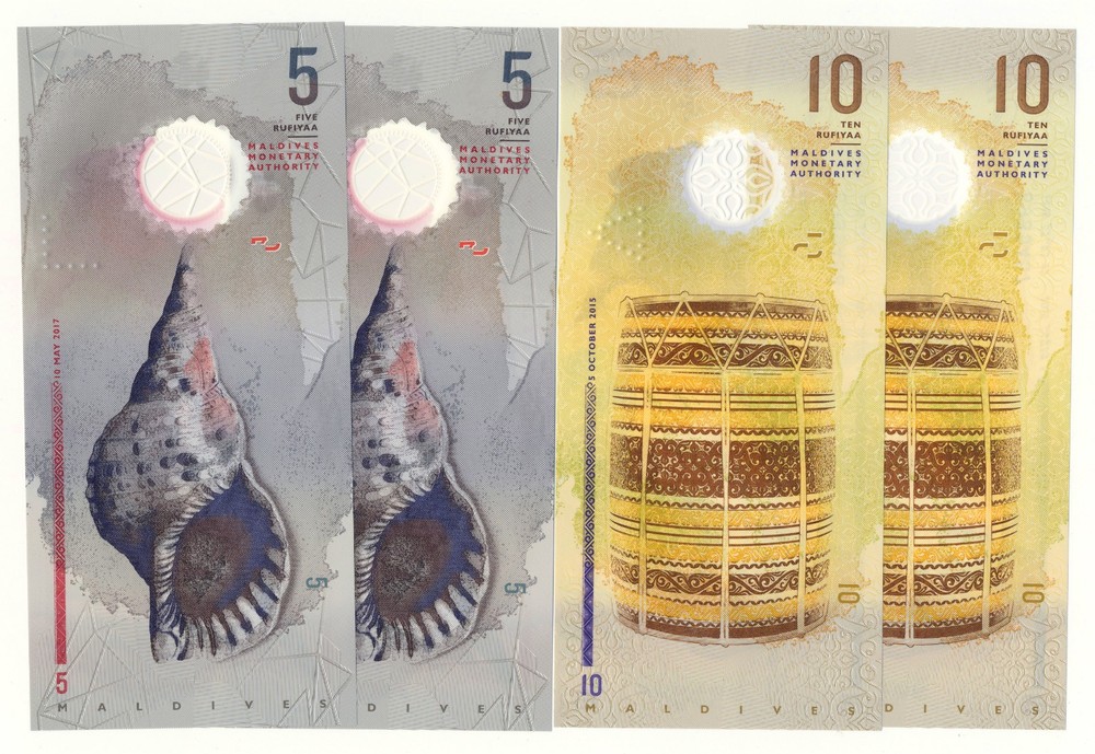 Maldives 5 Rupees 2017 (x2) & 10 Rupees 2015 Gem Unc Notes (4)