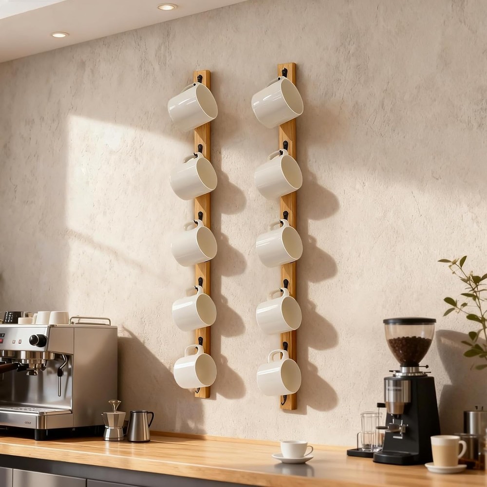 Wall-Mounted Coffee Mug Rack 6-Hook Solid Wood Cup Holder Kitchen Cabinet