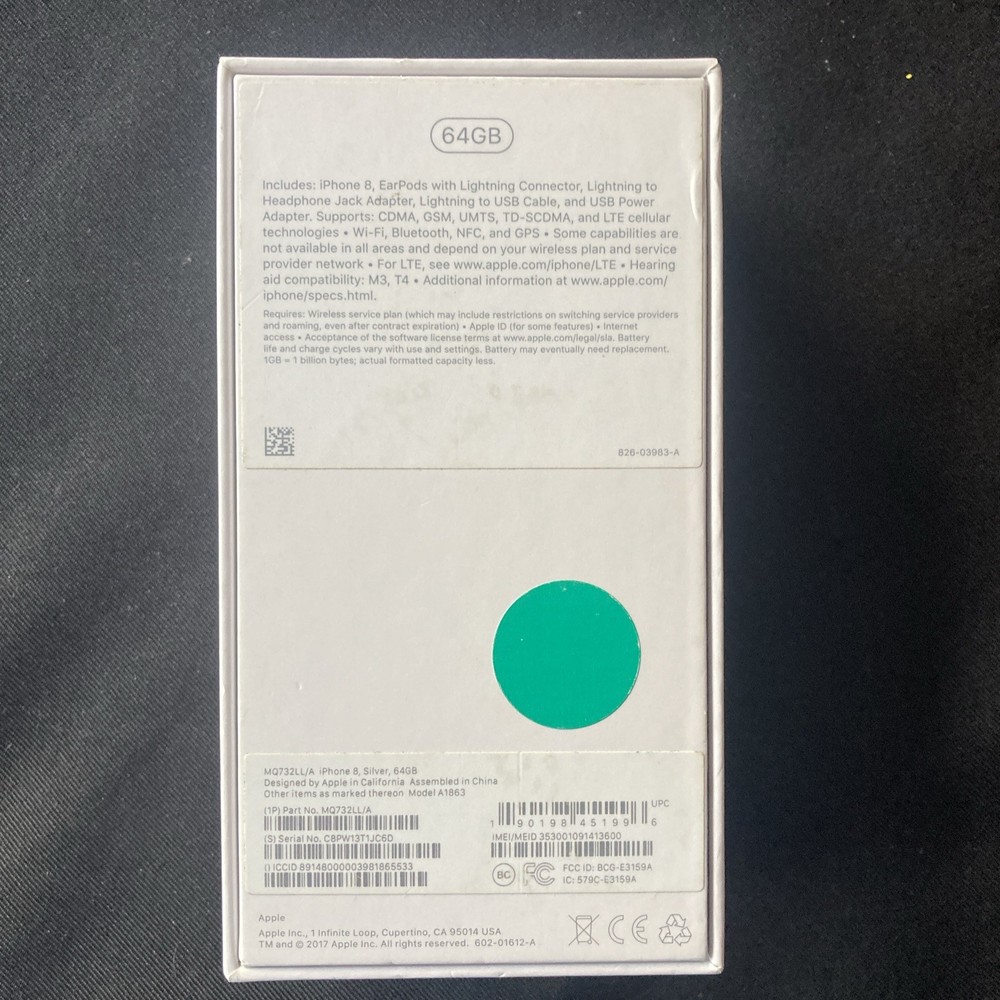 IPhone 8 Silver, 64GB -BOX ONLY