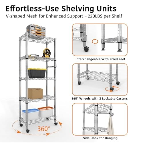 5-Tier Metal Storage Shelves, Adjustable Wire Shelving Units with Side Handle
