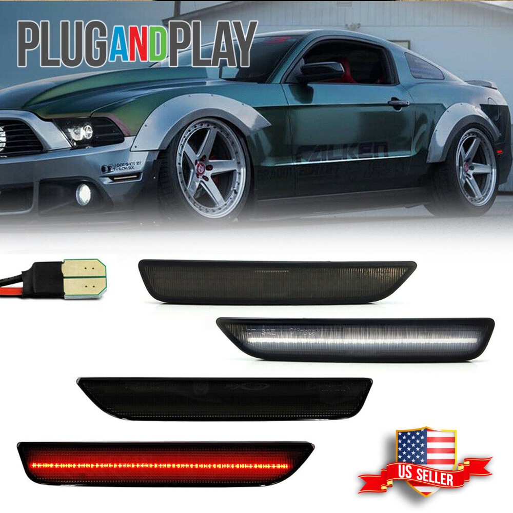 Front+Rear White/Red LED Side Marker Light Smoke Lens For 2010-2014 Ford Mustang