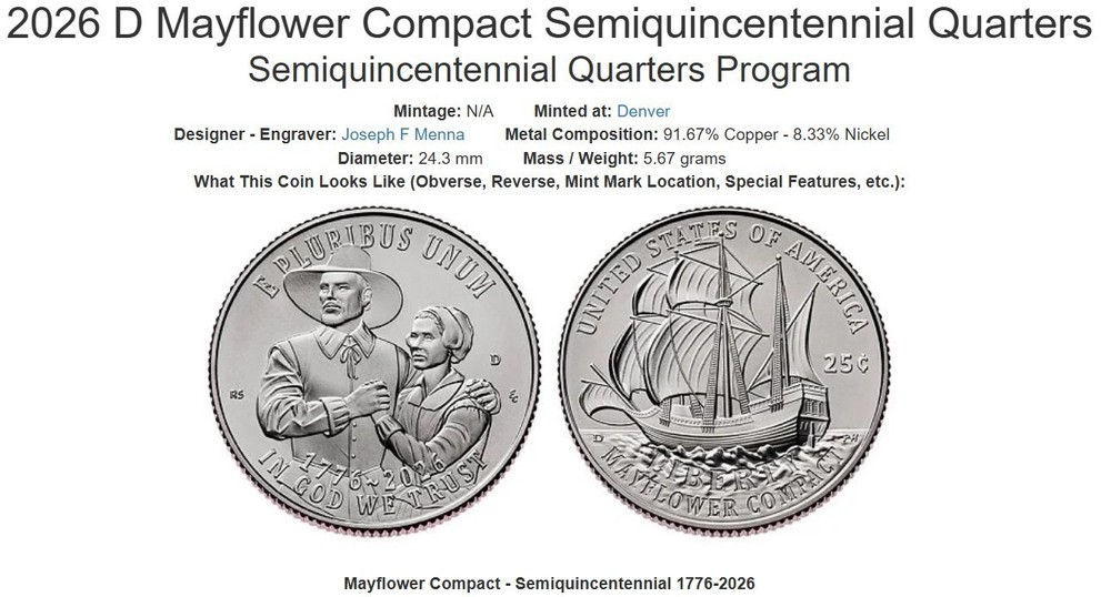 2026 D Mayflower Compact Quarters (1) $10 Roll SEMI-Quincentennial