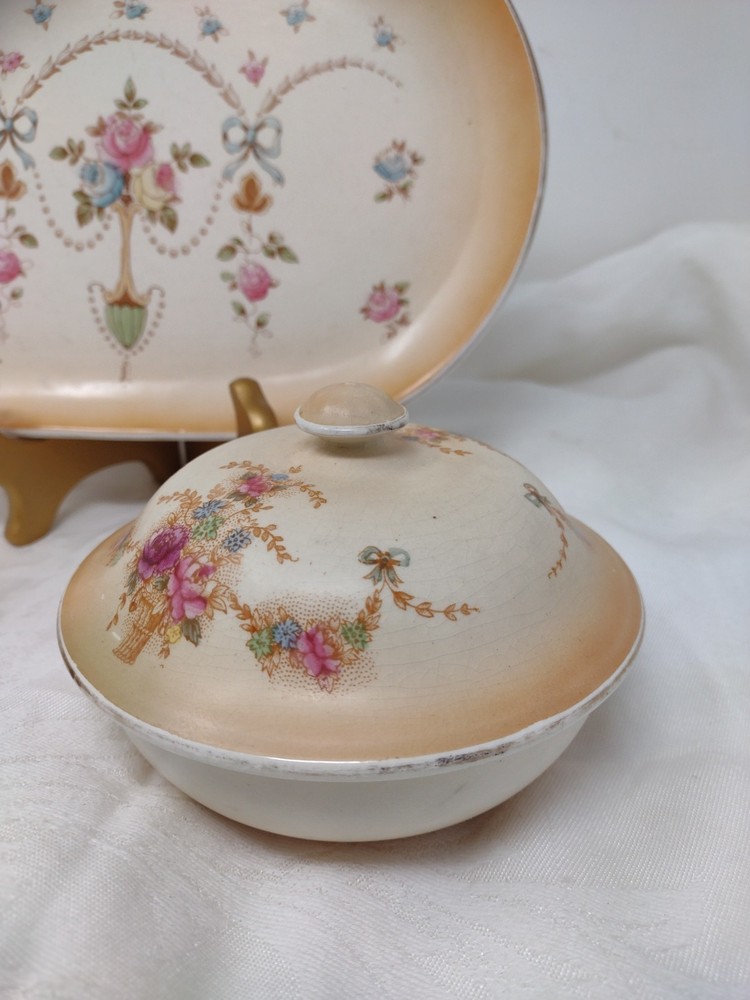 Devonware England Vanity Set Crown Tray Dish Cup Bone China Floral