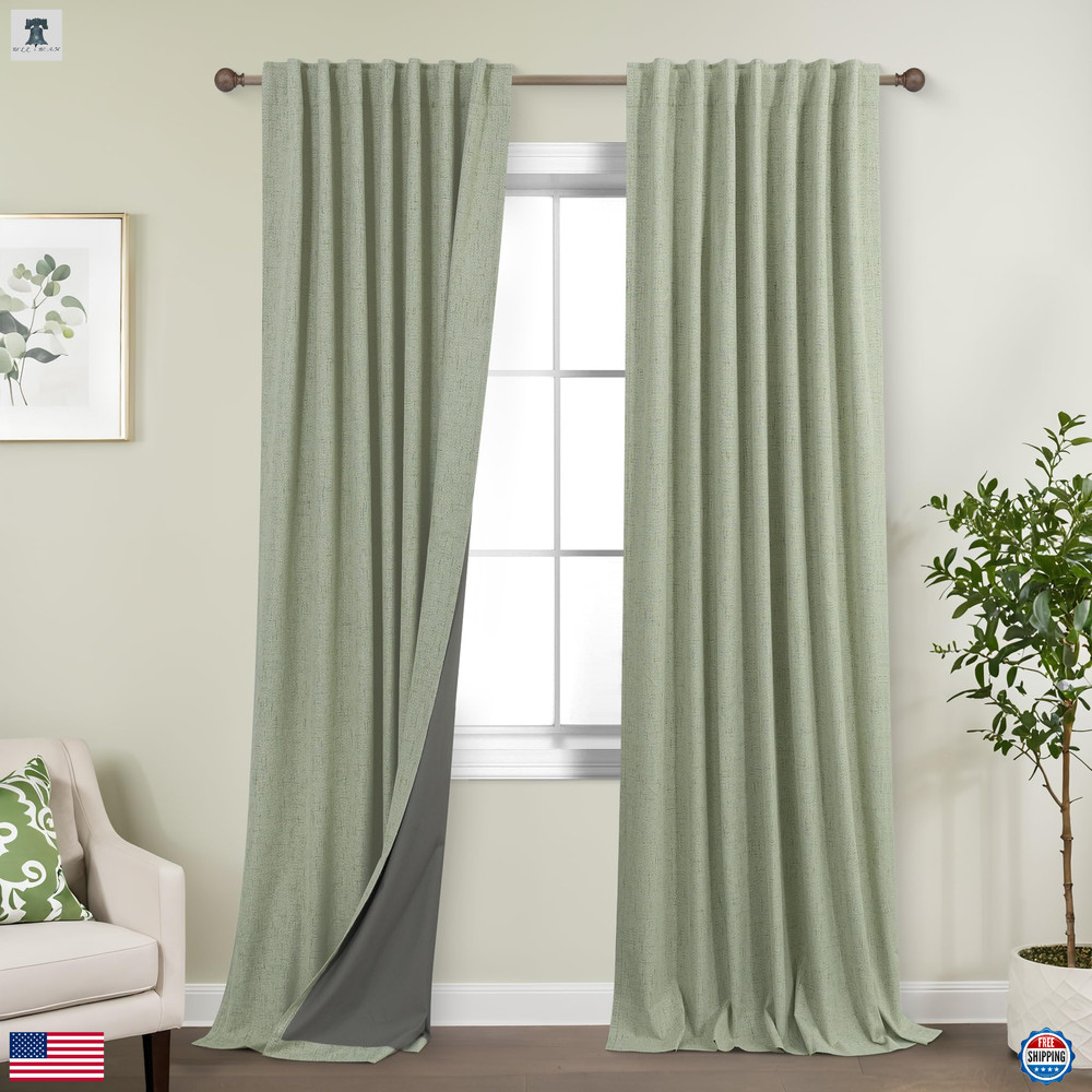 KOUFALL 92in Light Sage Linen Blackout Curtains Back Tab
