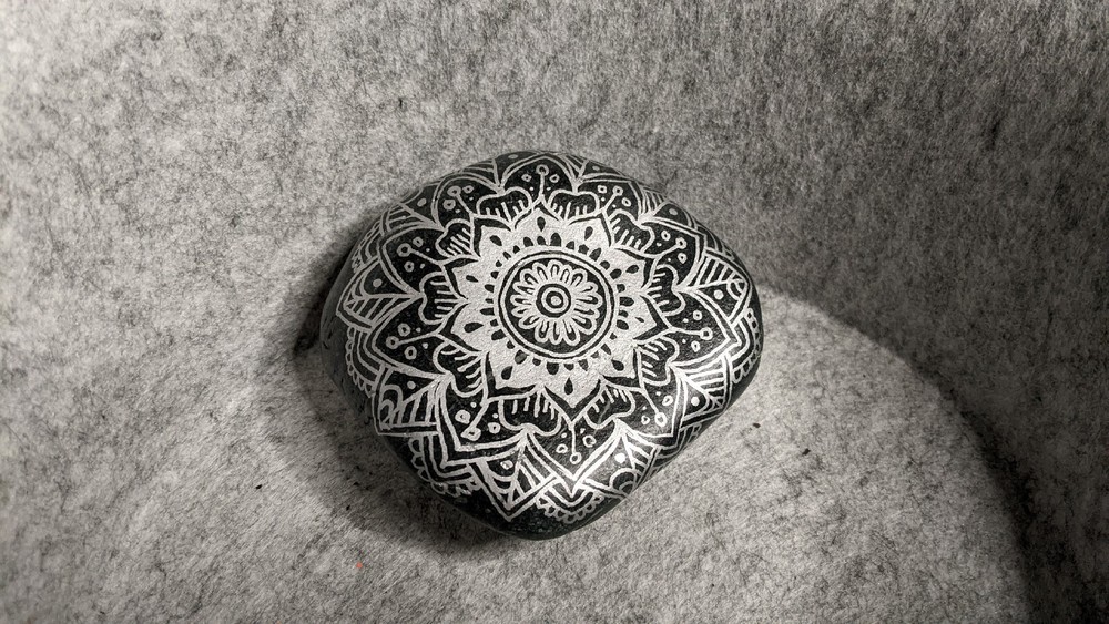 Hand Painted Rock / Stone - Mandala silver black gray